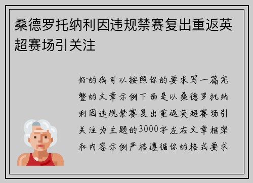 桑德罗托纳利因违规禁赛复出重返英超赛场引关注